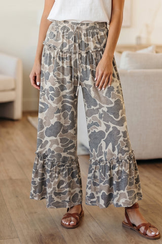 Backroads Camo Ruffle Tier Wide Leg Pants