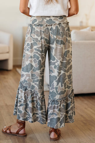Backroads Camo Ruffle Tier Wide Leg Pants