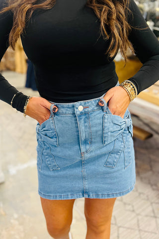 Luke & Estelle Bow Down Denim Mini Skirt