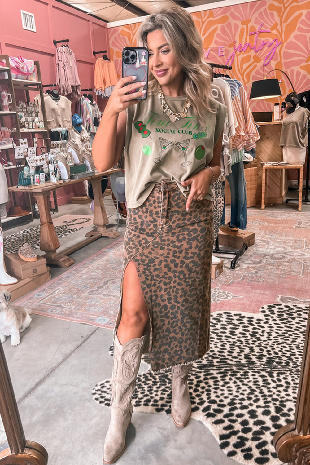 LC78112Luke &; Estelle “Run Wild” Leopard Denim Midi Skirt