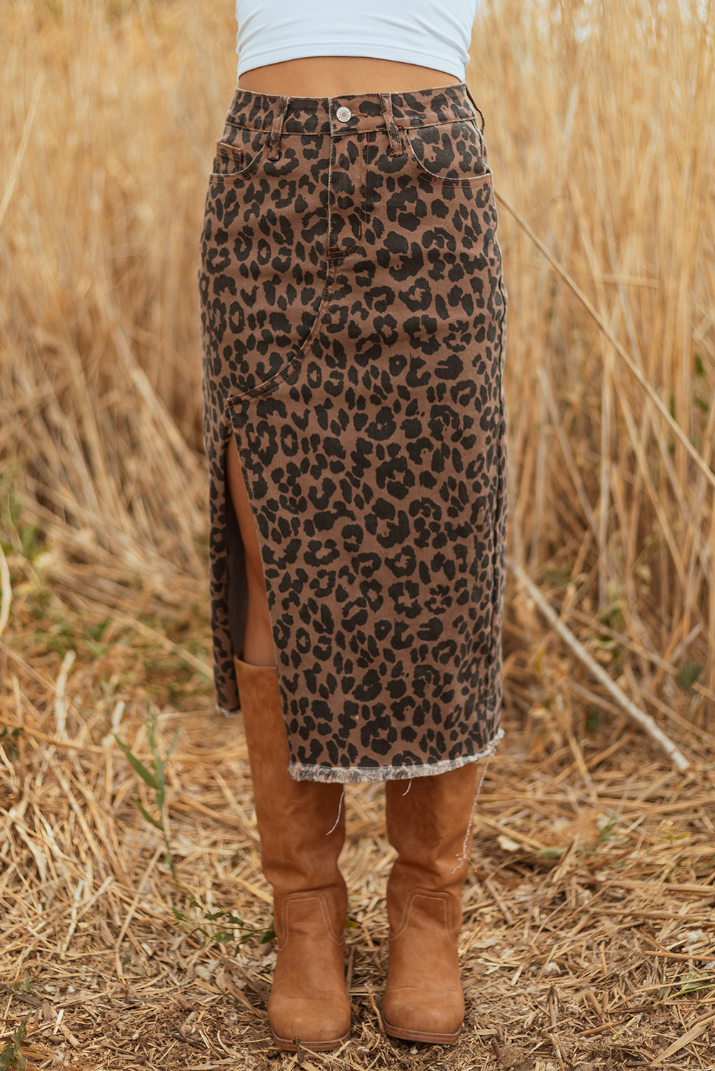 LC78112Luke &; Estelle “Run Wild” Leopard Denim Midi Skirt