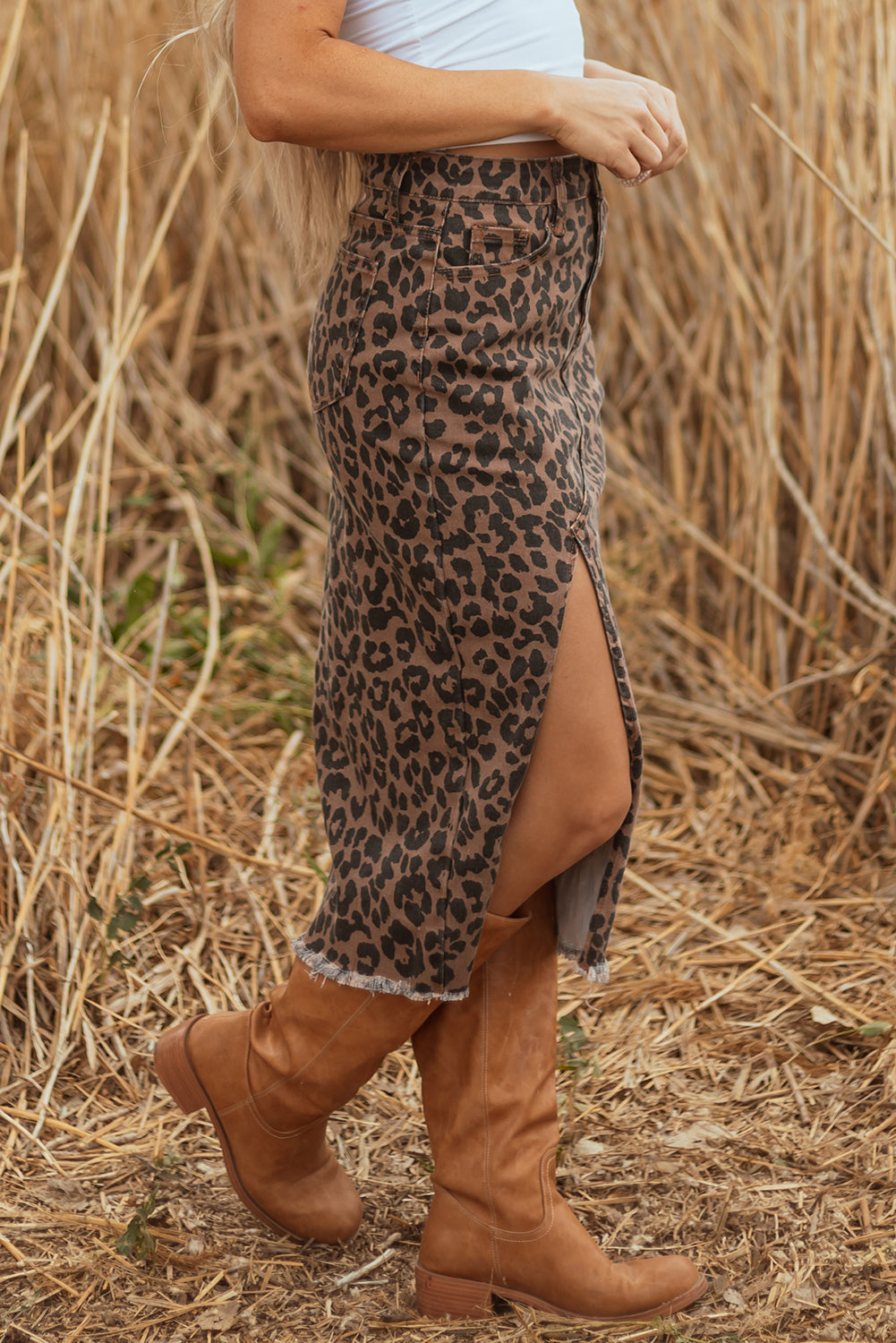 LC78112Luke &; Estelle “Run Wild” Leopard Denim Midi Skirt