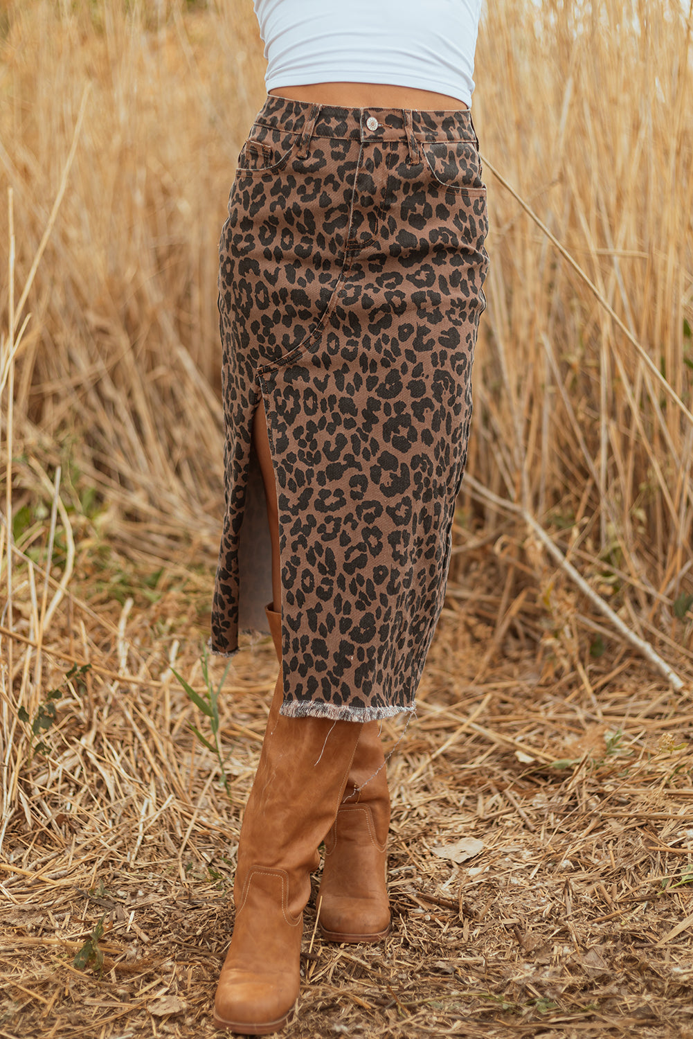 LC78112Luke &; Estelle “Run Wild” Leopard Denim Midi Skirt