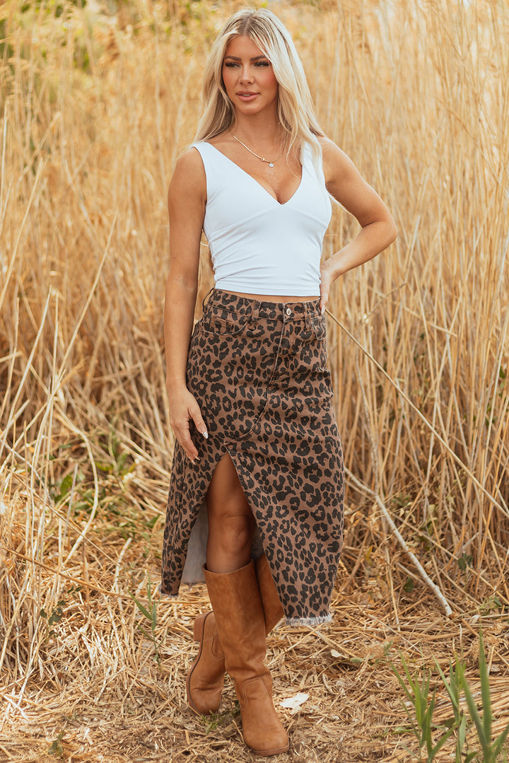 LC78112Luke &; Estelle “Run Wild” Leopard Denim Midi Skirt