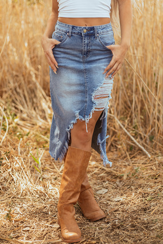 Luke & Estelle “Wild At Heart” Distressed Midi Denim Skirt – BHB Boutique Exclusive