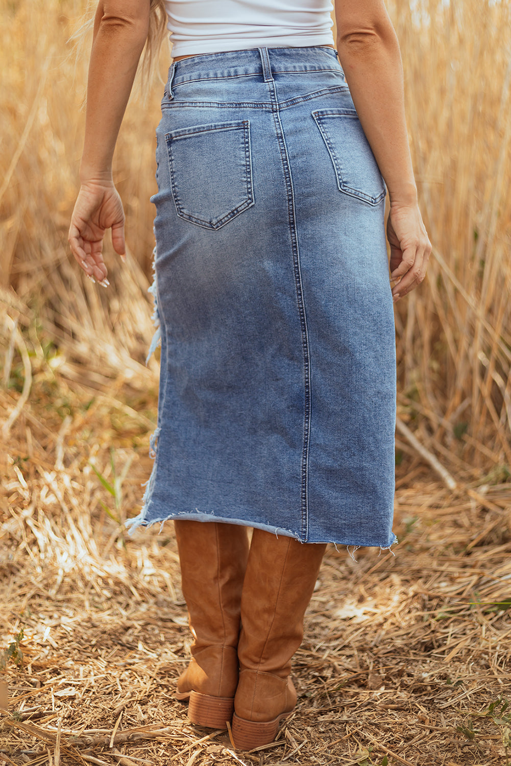 Luke & Estelle “Wild At Heart” Distressed Midi Denim Skirt – BHB Boutique Exclusive