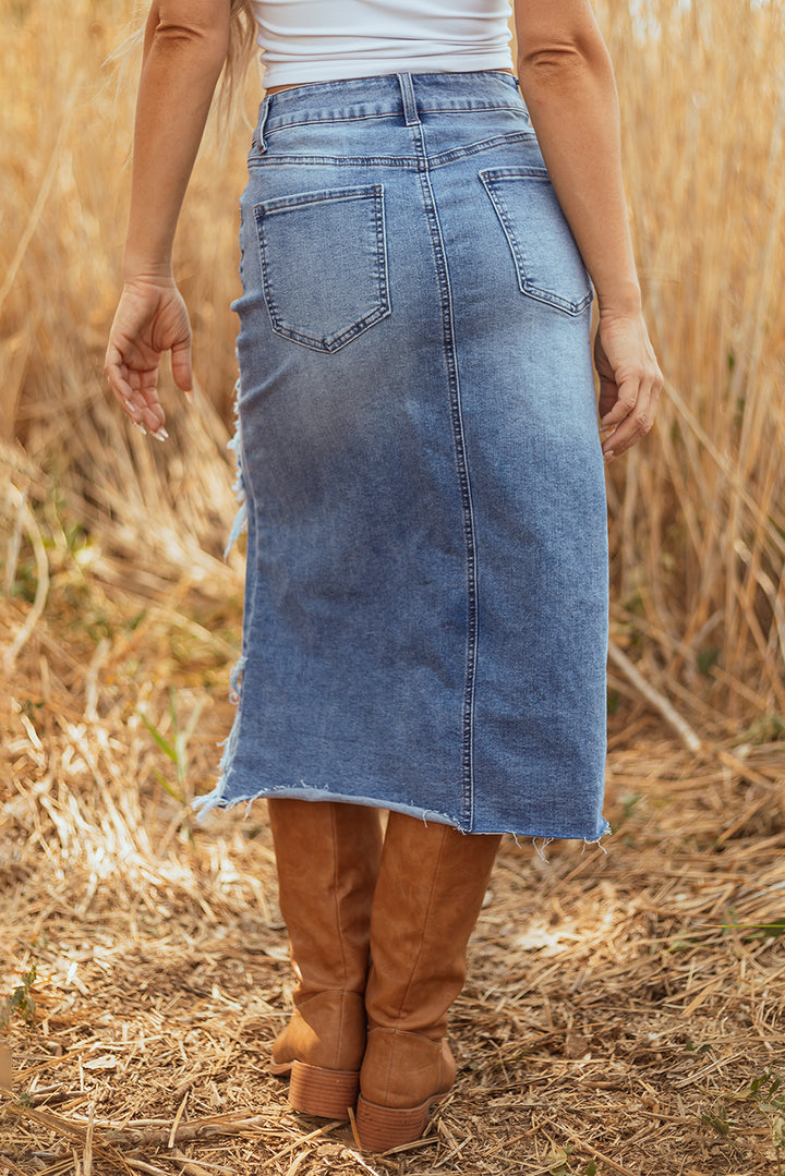 Luke & Estelle “Wild At Heart” Distressed Midi Denim Skirt – BHB Boutique Exclusive