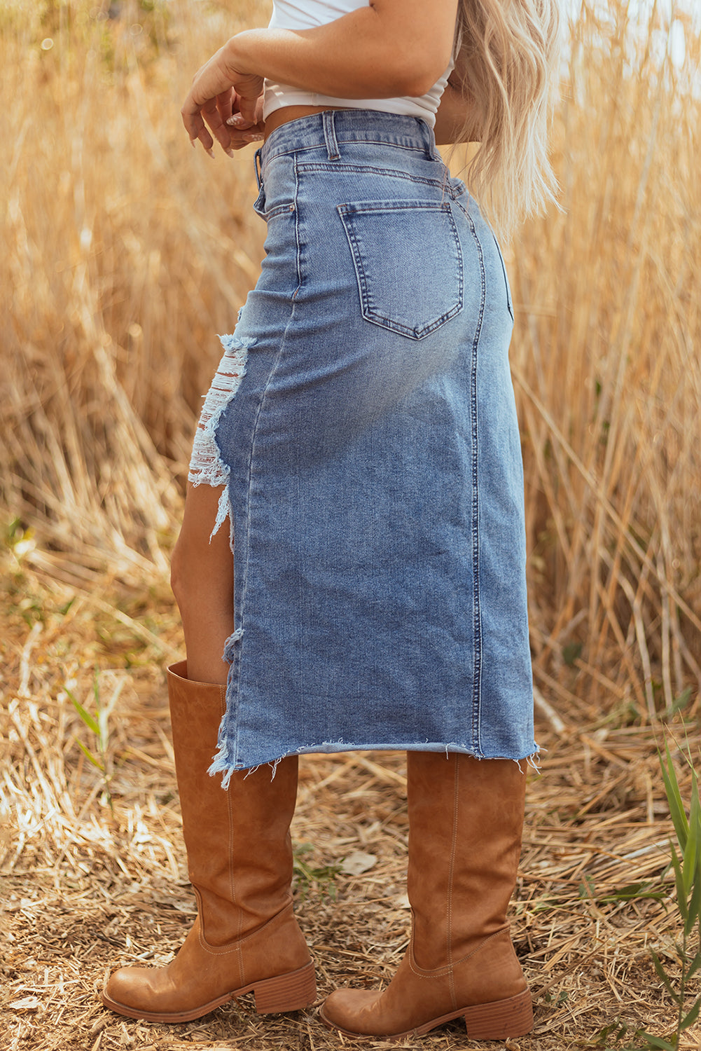 Luke & Estelle “Wild At Heart” Distressed Midi Denim Skirt – BHB Boutique Exclusive