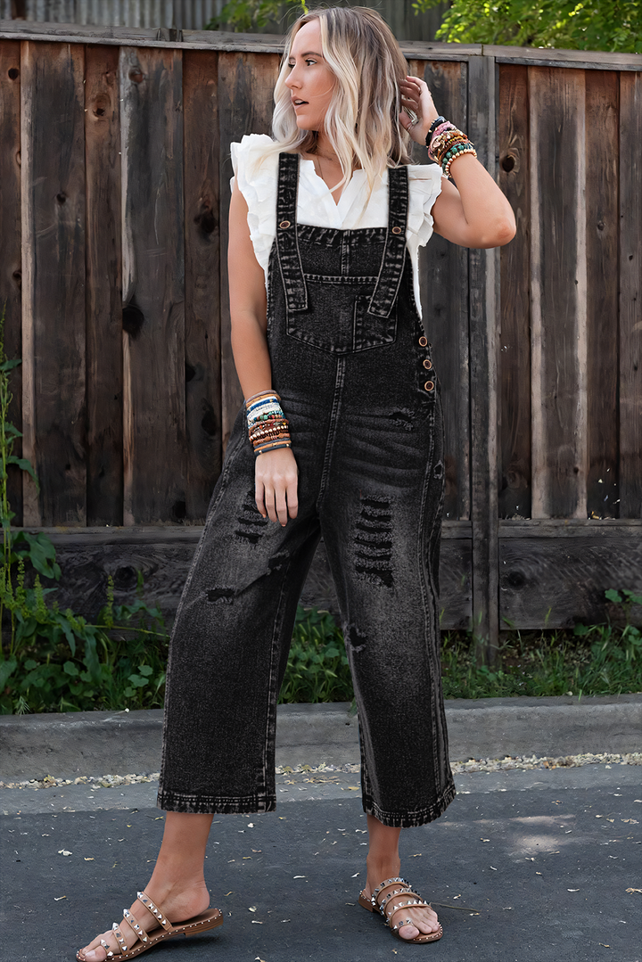 Charcoal Stone Washed Distressed Bib Pocket Wide Leg Denim Overall Tie Straps