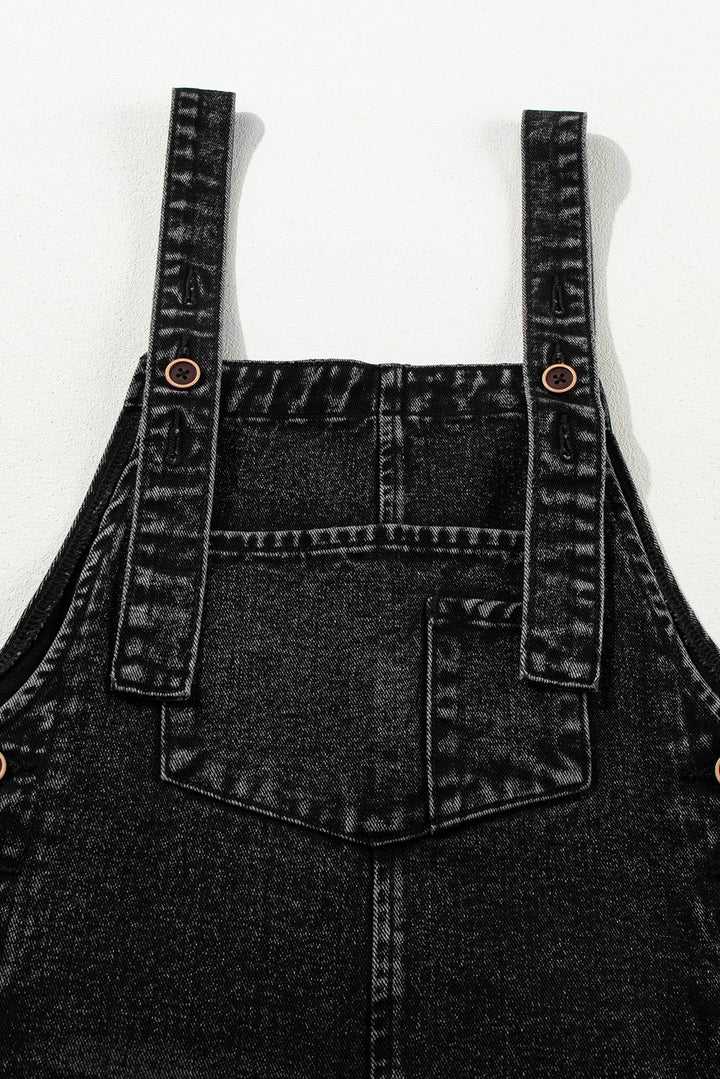 Charcoal Stone Washed Distressed Bib Pocket Wide Leg Denim Overall Tie Straps