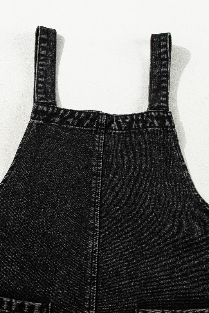 Charcoal Stone Washed Distressed Bib Pocket Wide Leg Denim Overall Tie Straps