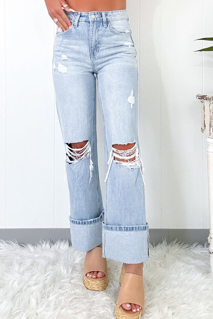 Skyline Distressed Wide-Leg Jeans – Cuffed Light Wash Deni