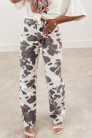 Ranch Luxe Cow Print Straight Leg Cargo Denim
