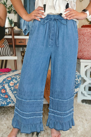 Prairie Belle Ruffle Hem Denim Pants by Luke & Estelle