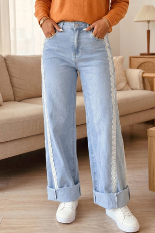 Chantilly Lace Trim Wide Leg Jeans