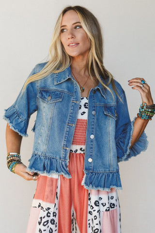 Magnolia Ruffle Hem Half Sleeve Denim Jacket