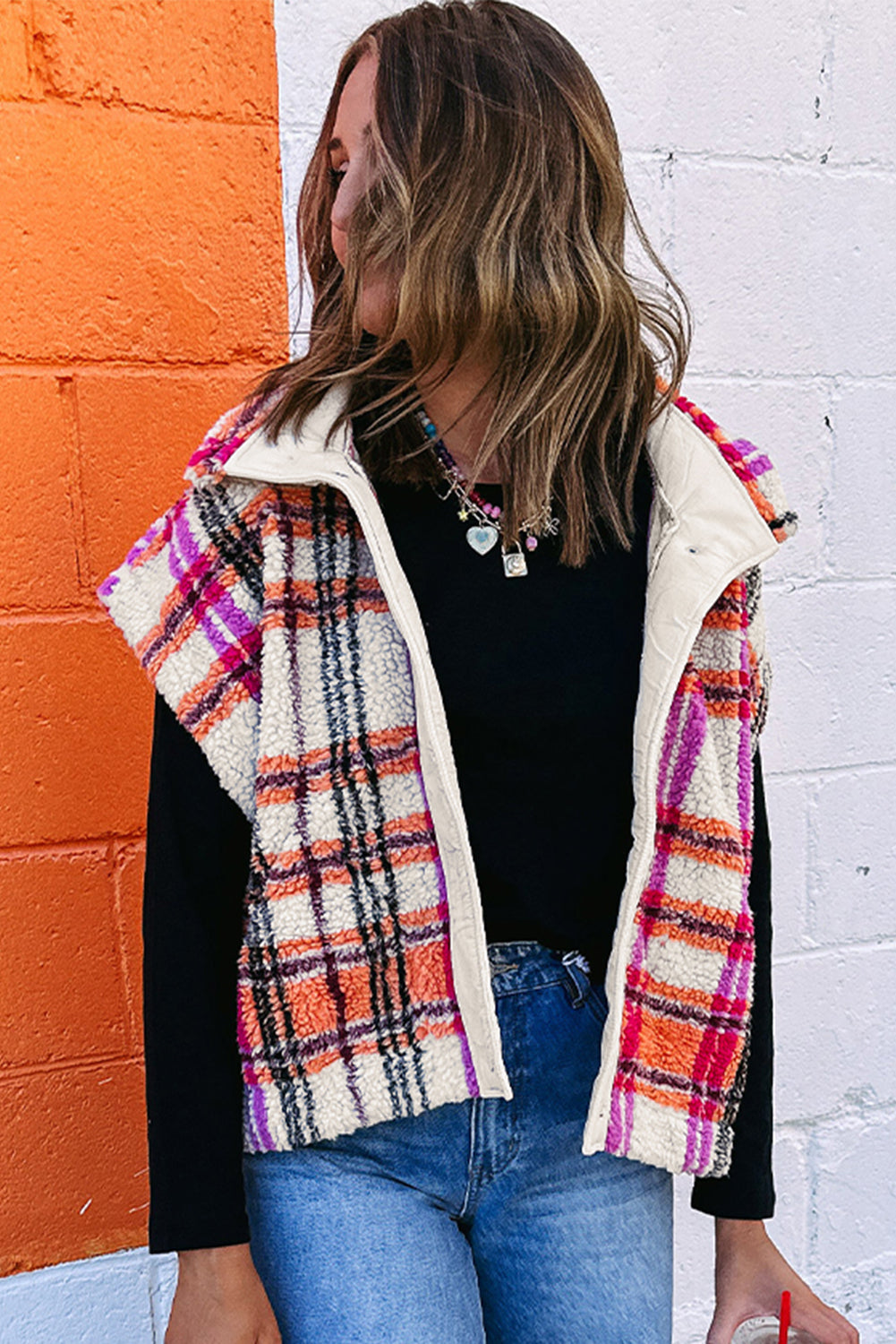 Plaid About You Sherpa Puffer Vest