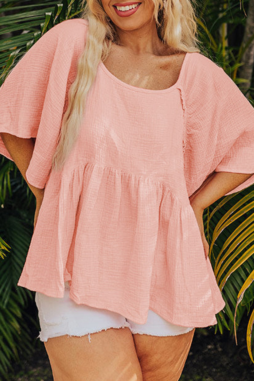 PLUS SIZE✨Sweet Breeze Gauze Peplum Top – Blush