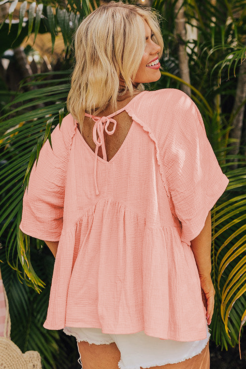 PLUS SIZE✨Sweet Breeze Gauze Peplum Top – Blush