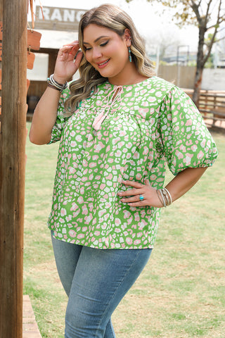 PLUS SIZE✨Garden Party Tassel Blouse – Mint Leopard