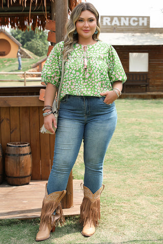 PLUS SIZE✨Garden Party Tassel Blouse – Mint Leopard