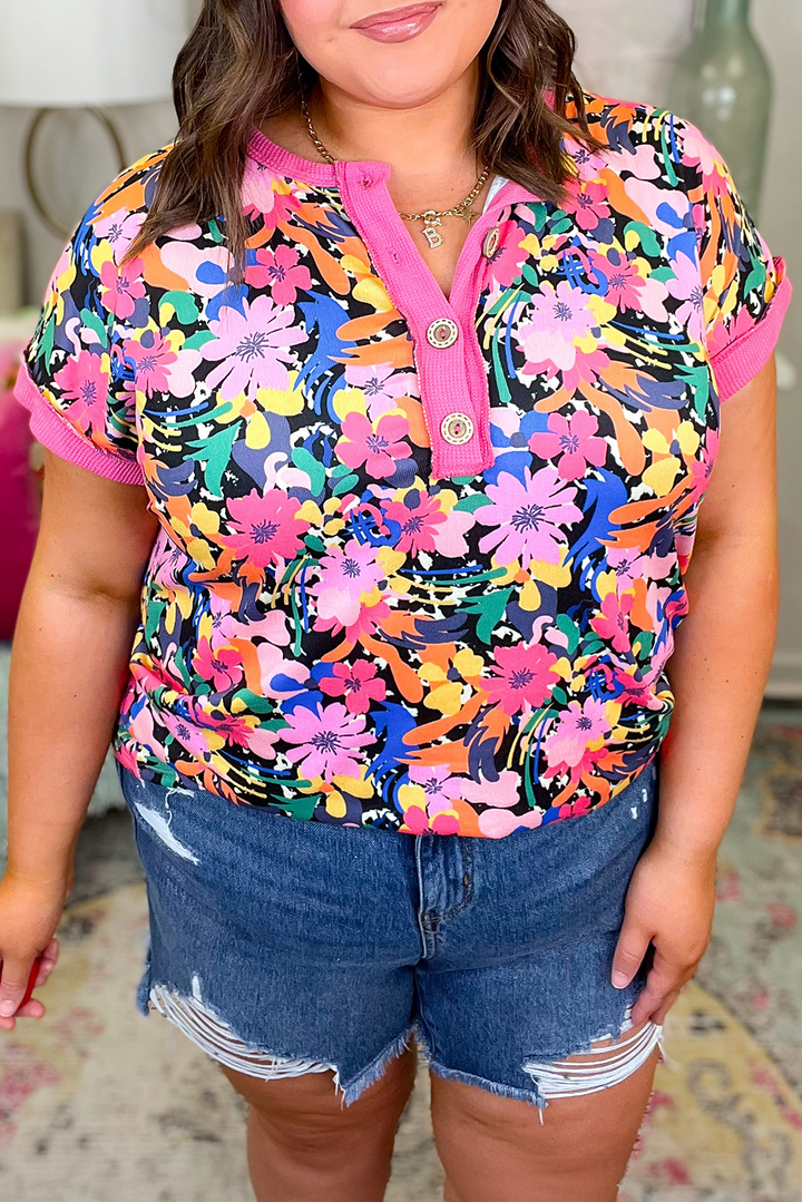 PLUS SIZE✨Confetti Garden Henley Tee (Hot-Pink Trim)