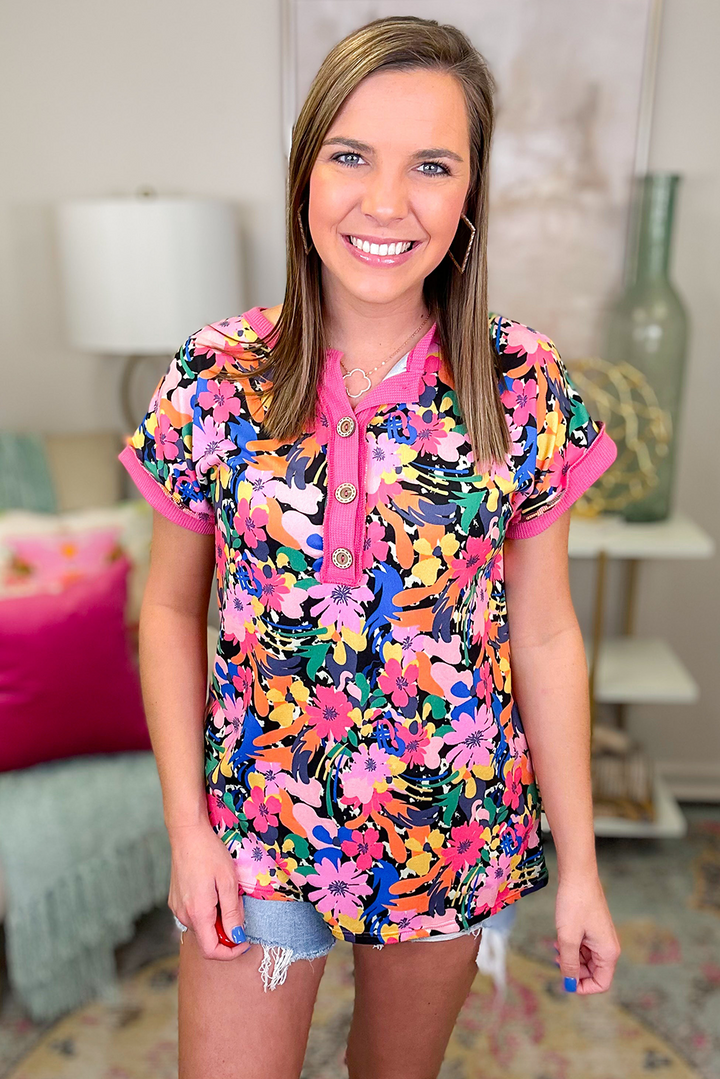 PLUS SIZE✨Confetti Garden Henley Tee (Hot-Pink Trim)