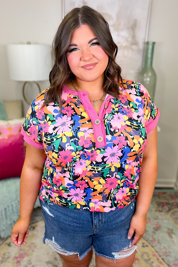 PLUS SIZE✨Confetti Garden Henley Tee (Hot-Pink Trim)
