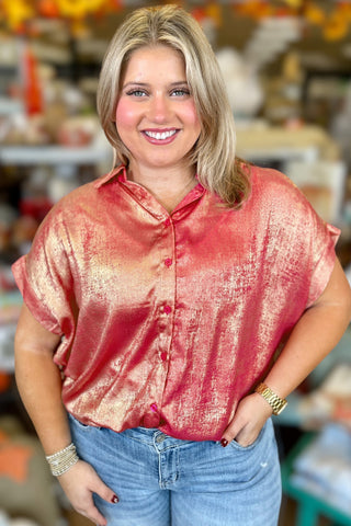 PLUS SIZE✨Sunset Shimmer Metallic Button-Up Top