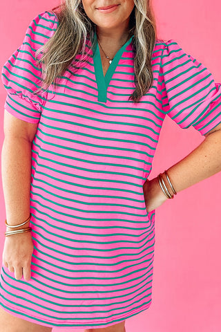 PLUS SIZE✨Electric Pop Stripe Puff-Sleeve Dress (Pink + Teal)