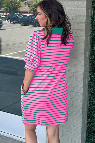 PLUS SIZE✨Electric Pop Stripe Puff-Sleeve Dress (Pink + Teal)