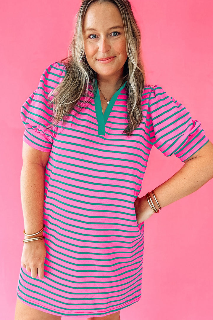 PLUS SIZE✨Electric Pop Stripe Puff-Sleeve Dress (Pink + Teal)