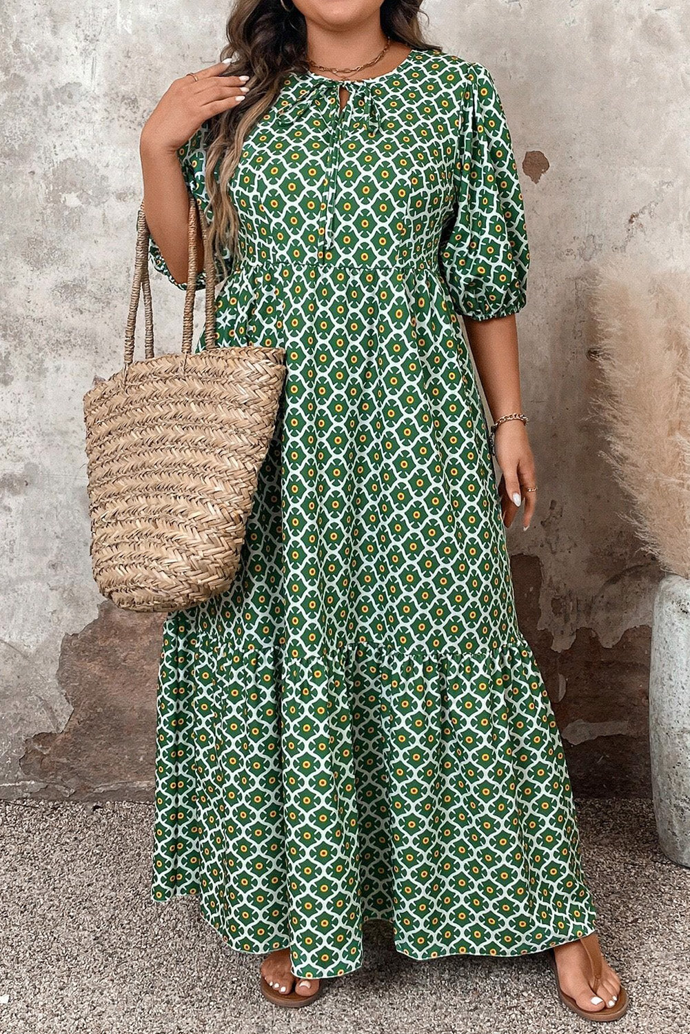 PLUS SIZE✨Emerald Garden Mosaic Tie-Neck Maxi (with Pockets) 💚🌼