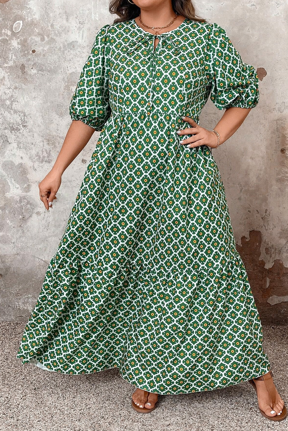PLUS SIZE✨Emerald Garden Mosaic Tie-Neck Maxi (with Pockets) 💚🌼