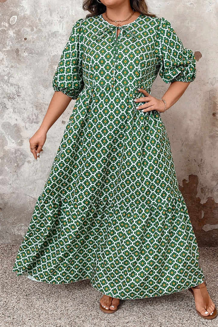 PLUS SIZE✨Emerald Garden Mosaic Tie-Neck Maxi (with Pockets) 💚🌼
