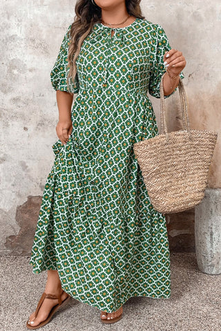 PLUS SIZE✨Emerald Garden Mosaic Tie-Neck Maxi (with Pockets) 💚🌼