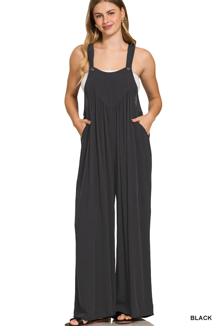 Zenana Mocha Cloud-Soft Wide-Leg Overall Jumpsuit-Mocha