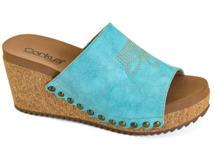 Corkys "Saddle Up" Turquoise Wedge Slip on Sandal