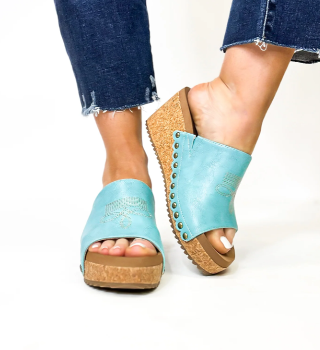 Corkys "Saddle Up" Turquoise Wedge Slip on Sandal
