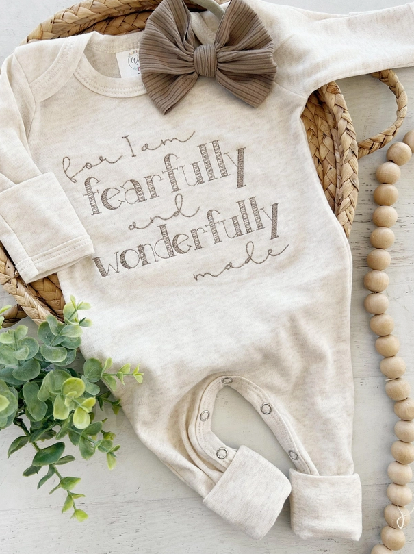 “Fearfully & Wonderfully Made” Oatmeal Embroidered Infant Onesie