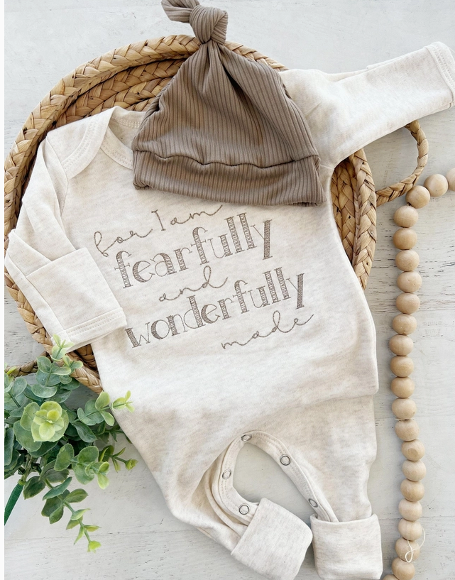 “Fearfully & Wonderfully Made” Oatmeal Embroidered Infant Onesie