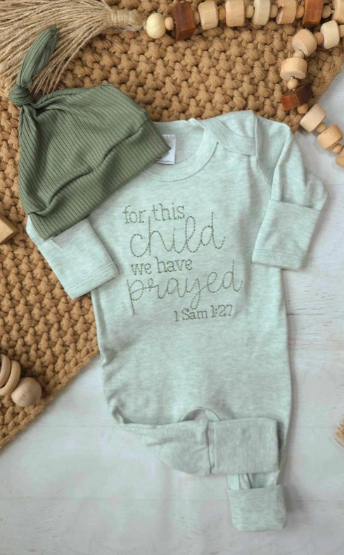 For This Child We Have Prayed — Sage Embroidered Romper (1 Sam 1:27)