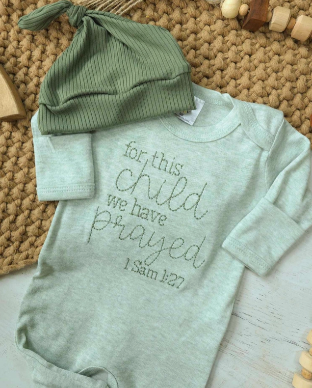For This Child We Have Prayed — Sage Embroidered Romper (1 Sam 1:27)