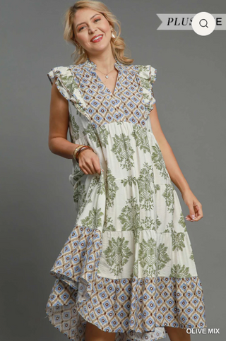 The Olive Grove Mixed Print Midi Dress