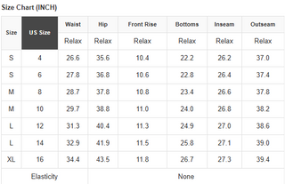 Size chart for pants with measurements in inches