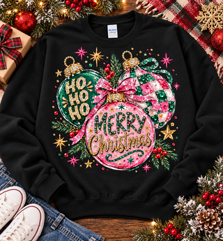 Black crewneck Christmas sweatshirt with pink and green ornament graphic, Ho Ho Ho and Merry Christmas with hand-applied crystals