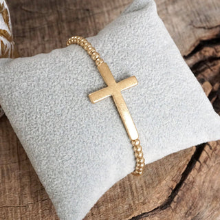 Hey Beautiful Worn Gold Cross Beaded Stretch Bracelet