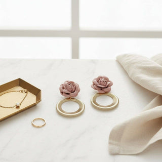 PinktownUSA - Drop Pale Pink Rose Felt Petal Ribbed Ring Earrings