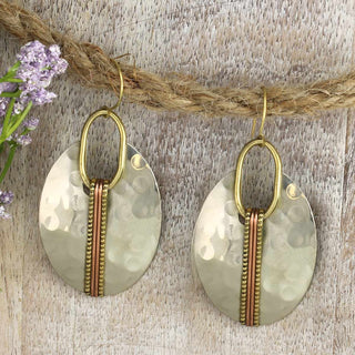 Mixed Metal Hammered Oval Drop Earrings