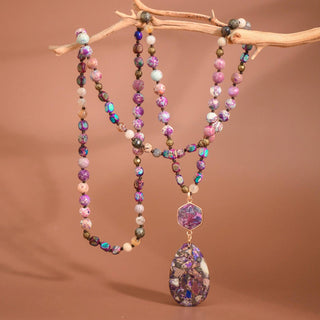 Hey Beautiful – Purple Stone Beaded Long Necklace with Statement Pendant – Boho Multi-Color Layering Necklace